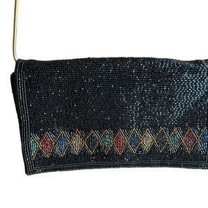 Walborg Vintage Glass Beaded Black Crossbody Flap Purse, Gold metal strap